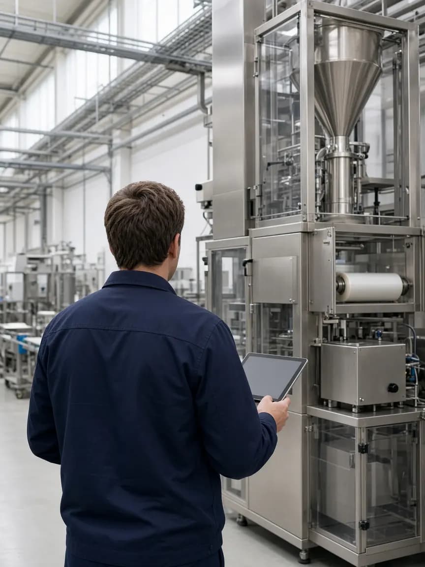 Servicetechniker von hinten, mit einem Tablet neben einer Verpackungsmaschine